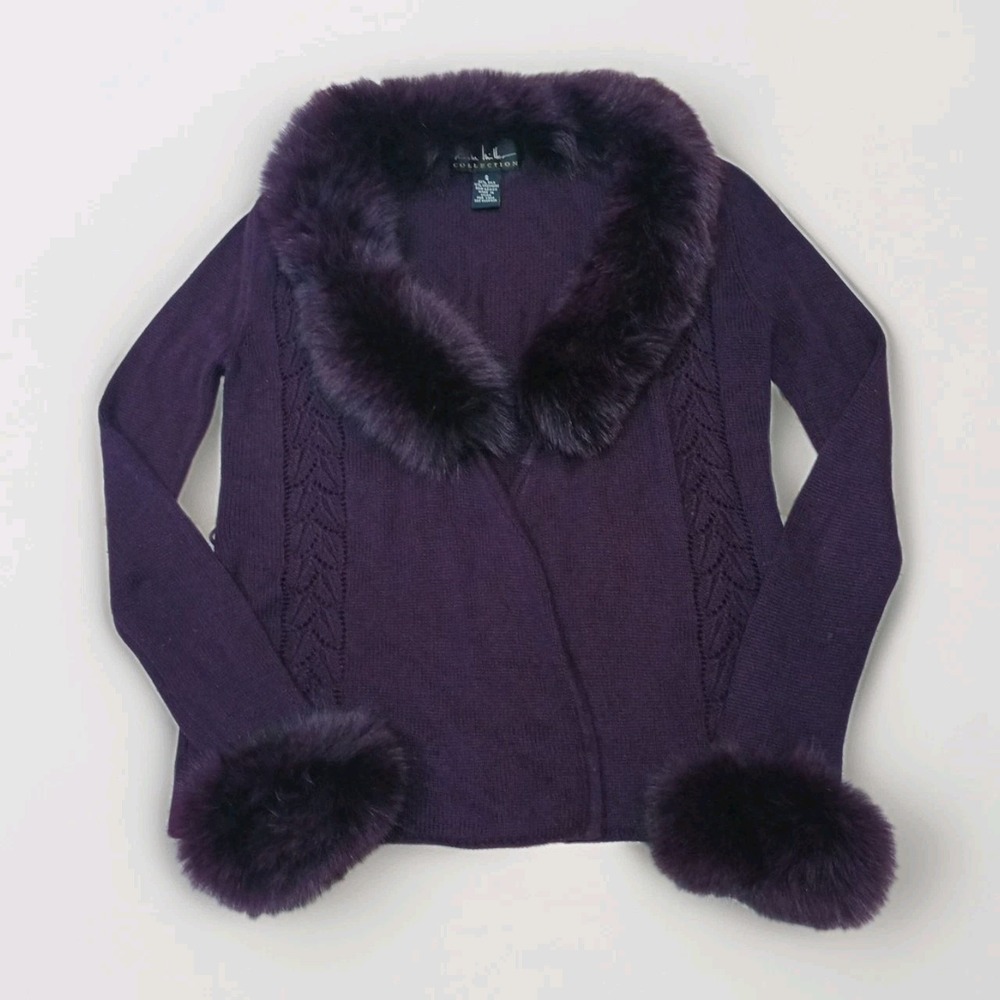 Nicole Miller Silk Cashmere Fur Trim Finely Knit Plum Cardigan Small